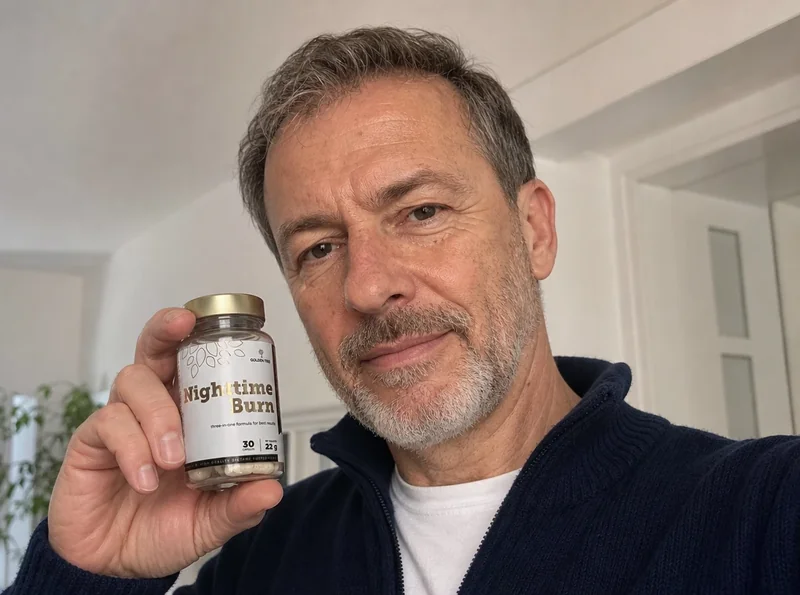 Middle-aged man at home holding Nighttime Burn