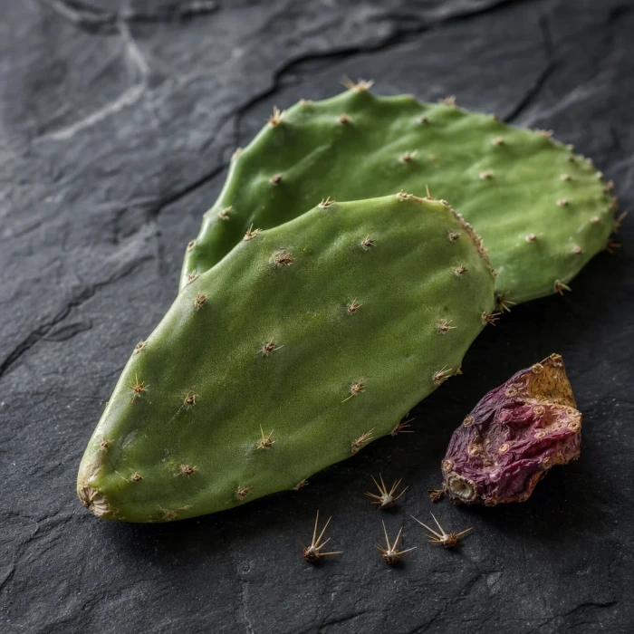 Prickly pear cactus pad on dark slate