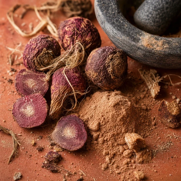 Red maca root powder on terracotta surface