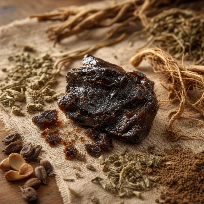 Shilajit resin on warm linen wood