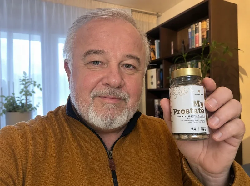 Man aged 67 holding prostate supplement
