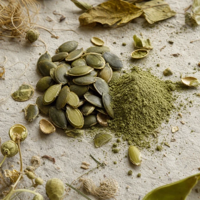 Pumpkin seeds and powder on paper