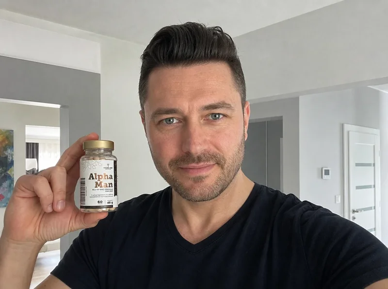 Man holding Alpha Man product at home