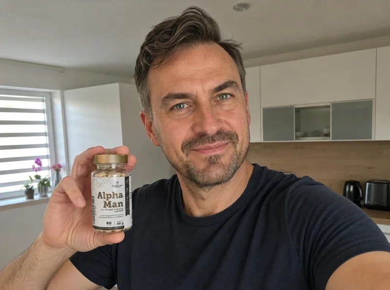 Middle-aged man holding Alpha Man at home