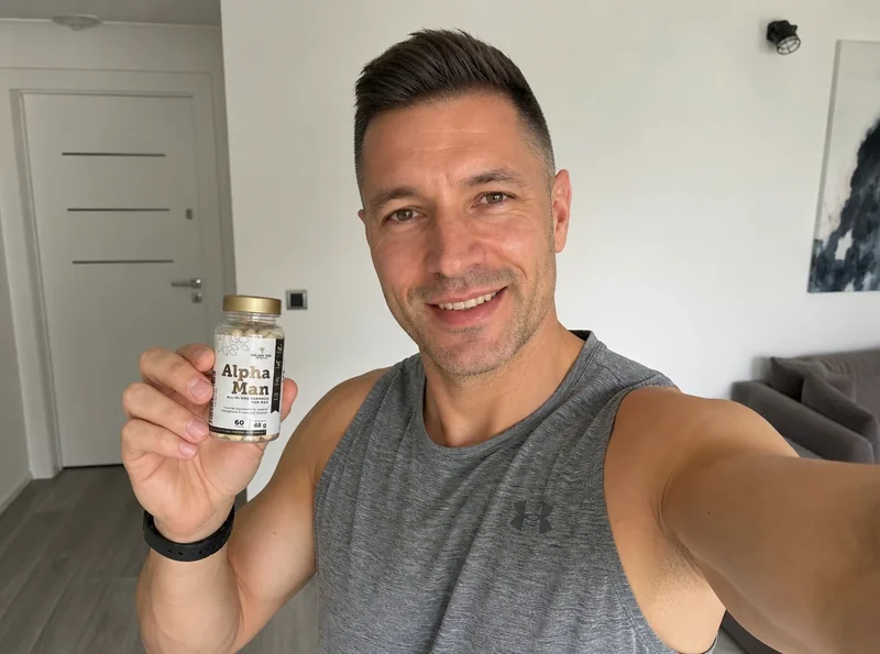 Active man holding Alpha Man product indoors
