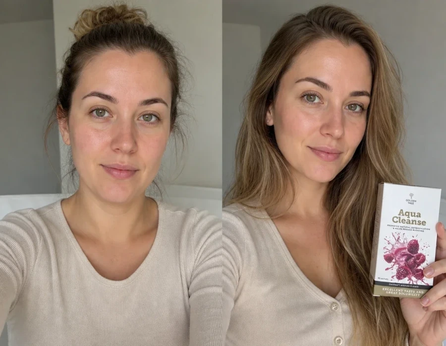 Selfie einer Frau vor und nach der Reduzierung von Gesichtsschwellungen