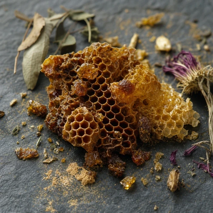 Frammenti di favo di cera d'api su ardesia scura