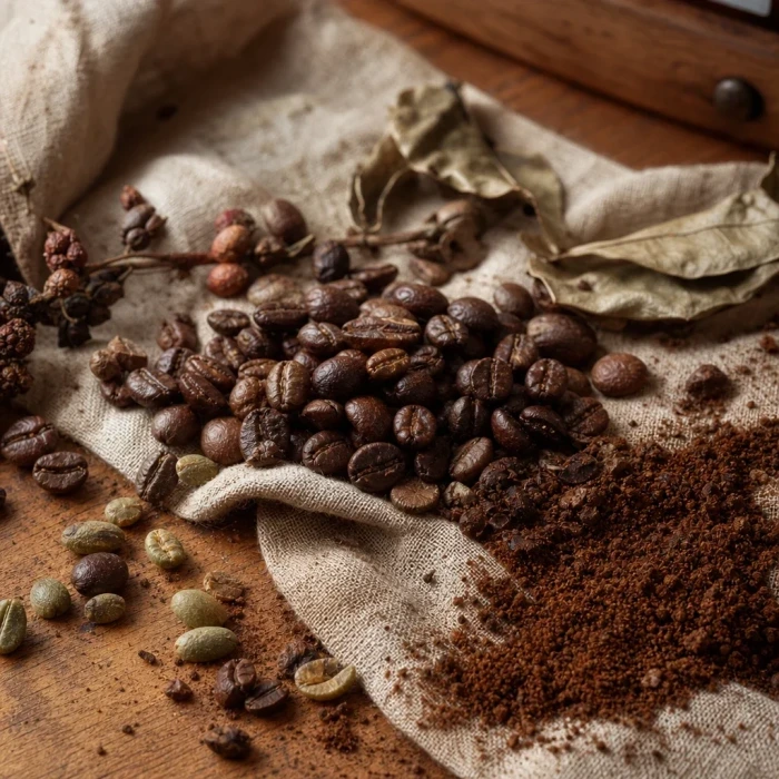 Chicchi di caffè su lino e legno