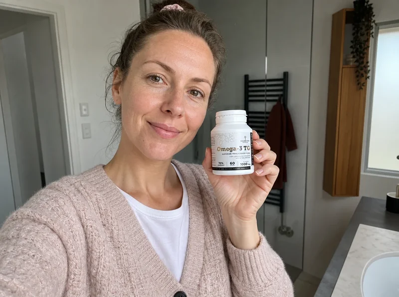 Woman selfie holding Omega 3 bottle indoors