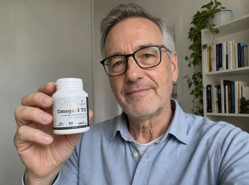 Older man at home holding Omega 3