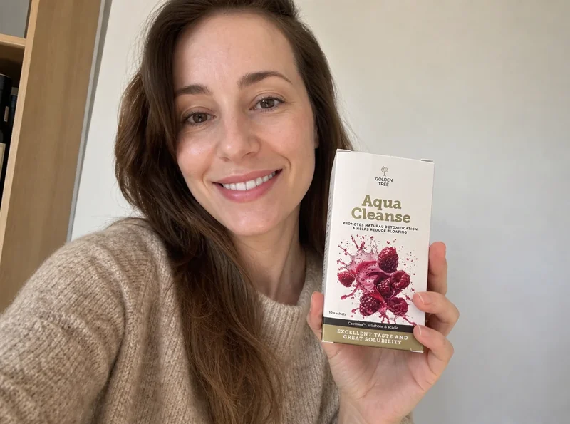 Woman holding Golden Tree Aqua Cleanse product