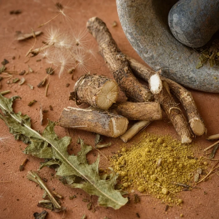 Dandelion root extract on terracotta surface
