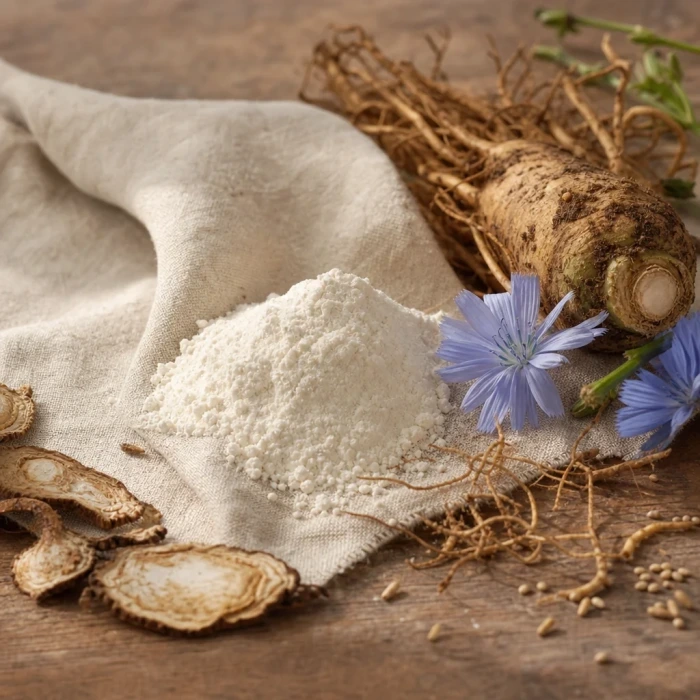 Inulin powder with chicory root on linen