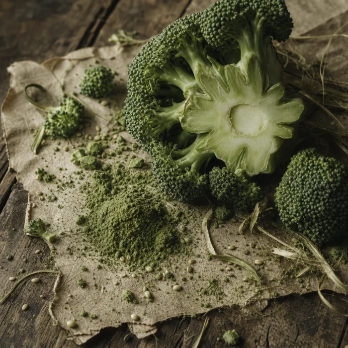 Broccoli florets and extract powder weathered wood