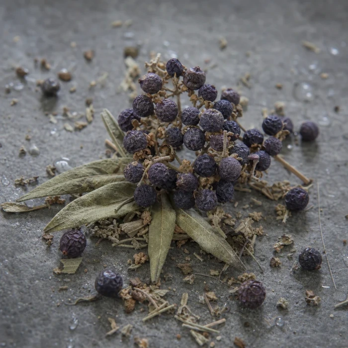 Dried Vitex agnus-castus berries on mineral stone