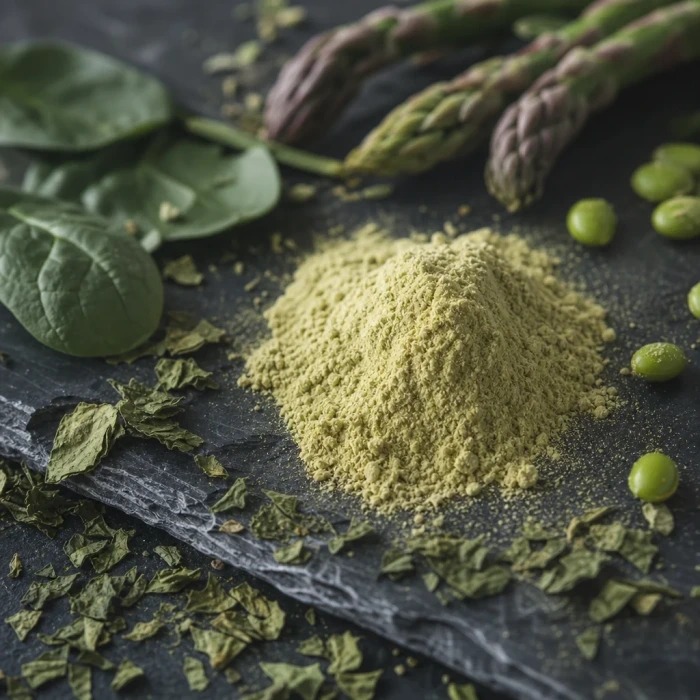 Methylfolate powder with spinach leaves dark slate