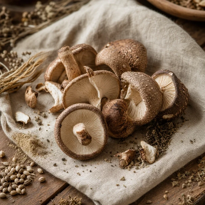 Sunlit mushrooms on linen and wood