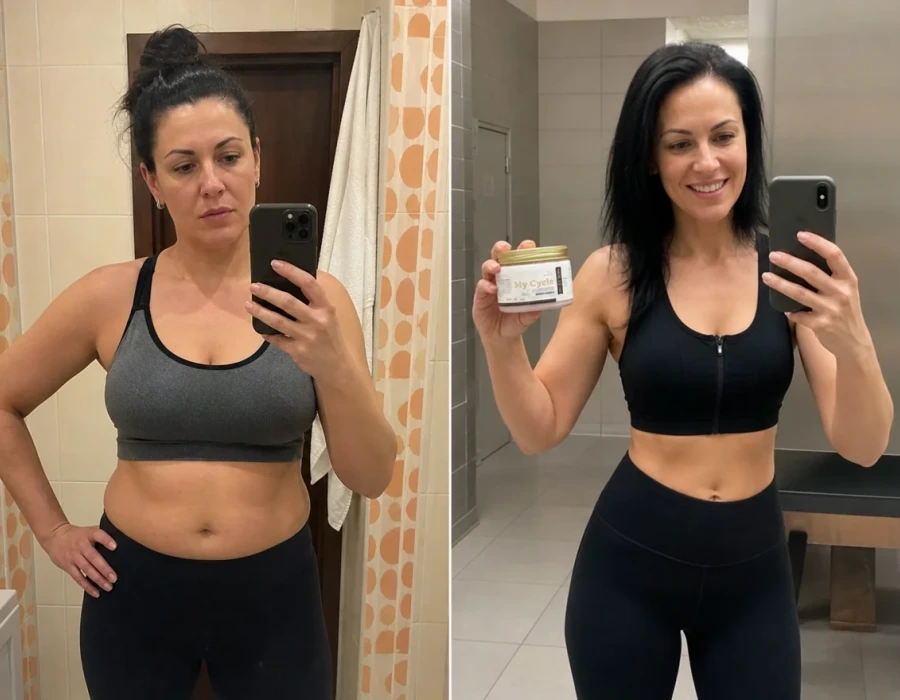 Woman before and after calmer mood outdoors