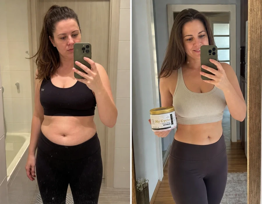 Woman before and after relaxed café setting
